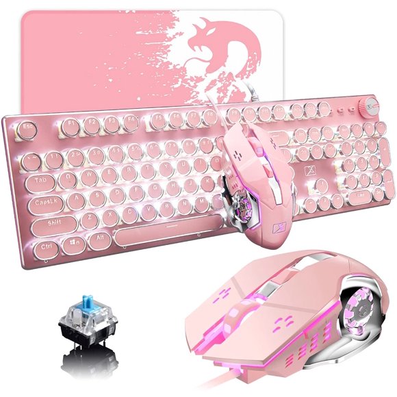 TEMOGU-Pink Typewriter Keyboard and Mouse,Retro Vintage Mechanical Gaming Keyboard with White LED Backlit,104 Keys Anti-Ghosting Blue Switch Wired Cute Keyboard,Round Keycaps for Desktop PC/Laptop Ma
