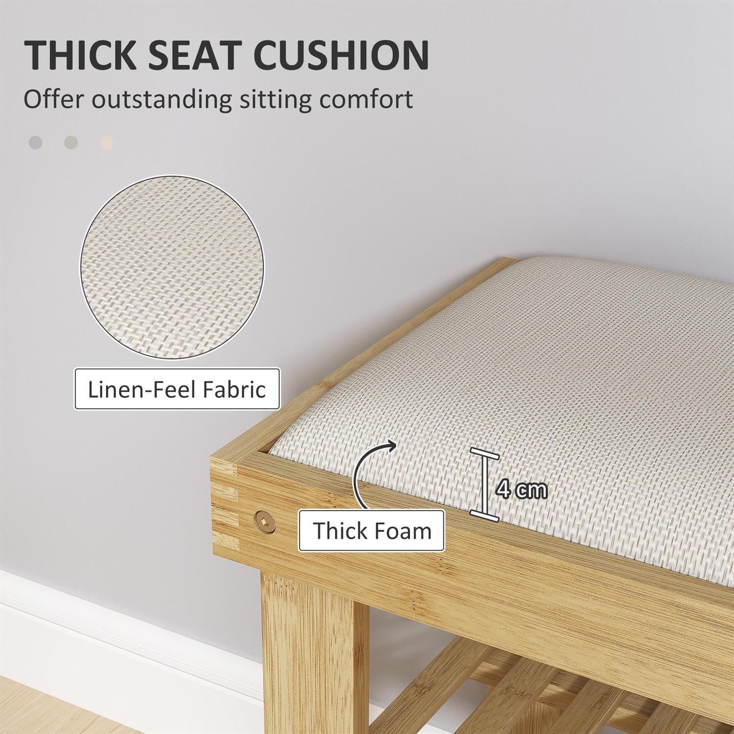 Demi Bonn 23" Entryway Shoe Storage Bench, 3-Tier Bamboo Bench with Cushion, Shoe Organizer for Hallway & Entryway Spaces, White