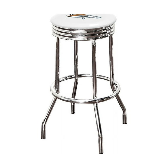 The Furniture King Bar Stool 24" Tall Backless Chrome Metal Stool Featuring Your Favorite Football Team Logo on a Colored Vinyl Swivel Seat Cushion Broncos on White