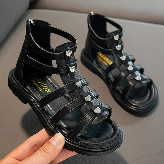 WERYOUNG Girls Sandals Summer Fashion Open Toe Love Heart Roman Princess Shoes Kids Trendy Beach School Sandal,Black,3-3.5 Years