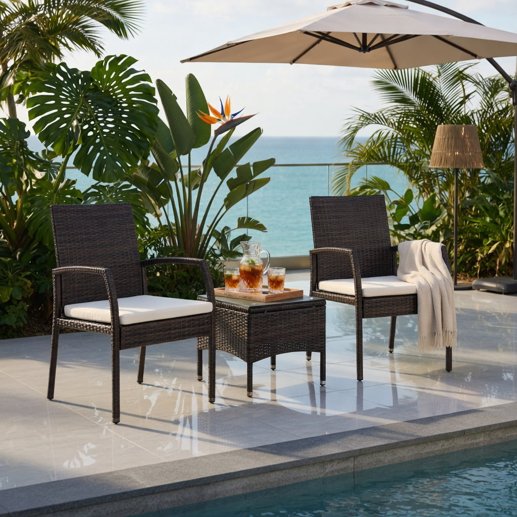 Hommoo 2-Pack Outdoor Wicker Dining Armchairs with Removable Off-White Cushions, PE Rattan Patio Chairs for Backyard, Porch & Poolside, Black