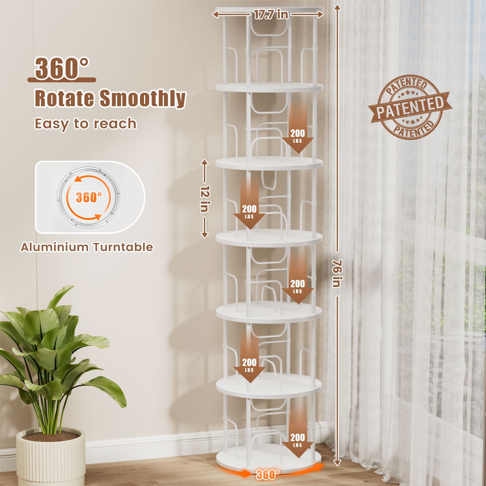 Flycity 6 Tier Rotate Bookcases, 360° Display Spin Bookcases Corner Shelf with Special Visible Partition Storage, White