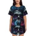 thumbnail image 1 of Balery Punk Style Blue Haired Skull Conjunto de Pijama para Mujer con Estampado, Dos Piezas de Manga Corta y Shorts, Ropa de Dormir Suave con Cuello Redondo y Bolsillos-Small, 1 of 6