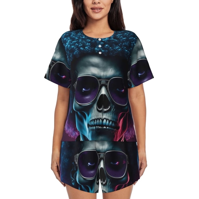Balery Punk Style Blue Haired Skull Conjunto de Pijama para Mujer con Estampado, Dos Piezas de Manga Corta y Shorts, Ropa de Dormir Suave con Cuello Redondo y Bolsillos-Small
