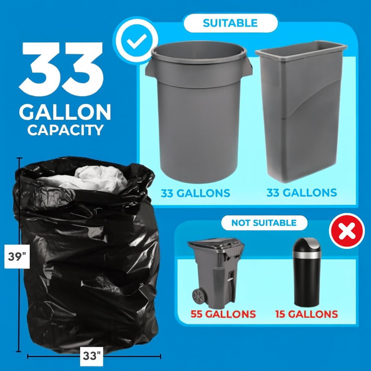 TP Plastic 33 Gallon Trash Bags – 100 Count Heavy Duty Black Garbage Bags, 33" x 39", 1.5 Mil Thick Can Liners for Home, Office, or Commercial Use