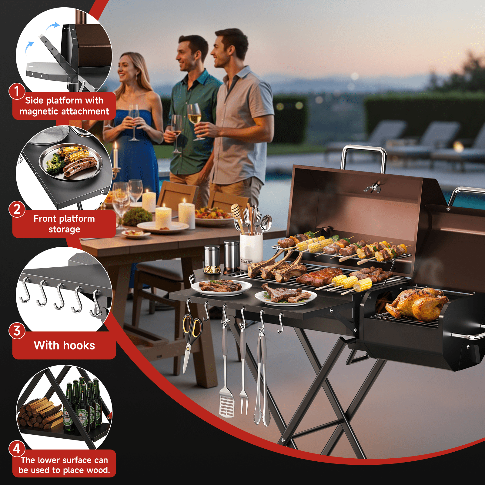 KScocina Barrel Charcoal Grill with Offset Smoker, 2-in-1 Foldable Suitcase BBQ Combo, 600 sq. in. with Waterproof Cover, for Outdoor Grilling and Backyard Cooking,Brown