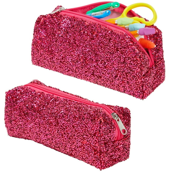 2-Pack Fabric Glitter Travel Makeup Bag for Women, Toiletry Cosmetic Pouch (Metallic Pink)
