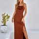 thumbnail image 3 of Vestido largo de mujer con tirantes finos, sin mangas, dobladillo dividido, sin espalda, ajustado, elegante vestido de verano marrón M, 3 of 8