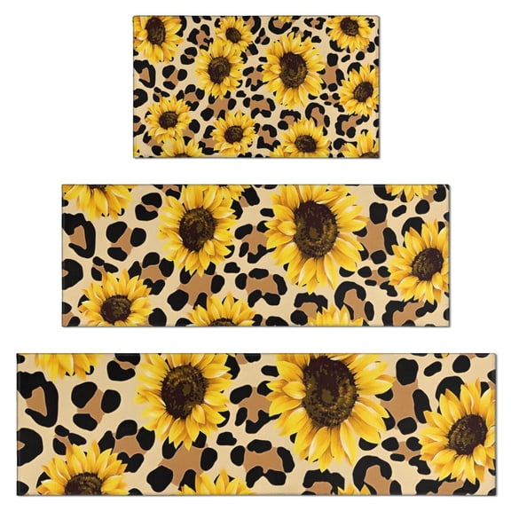 Beige Leopard Sunflower Pattern Kitchen Rugs Sets Of 3,Kitchen Runner Rugs Non Skid Washable,Decorative Kitchen Floor Mats for Kitchen,Sink,Laundry,17"x30"  17"x47"   17"x59"