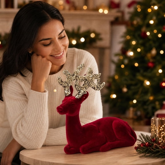 Cififendec Christmas Flocked Reindeer Tabletop Figurine, 8.7" x 5.3", Glitter Antler Decor Statue for Mantel Display