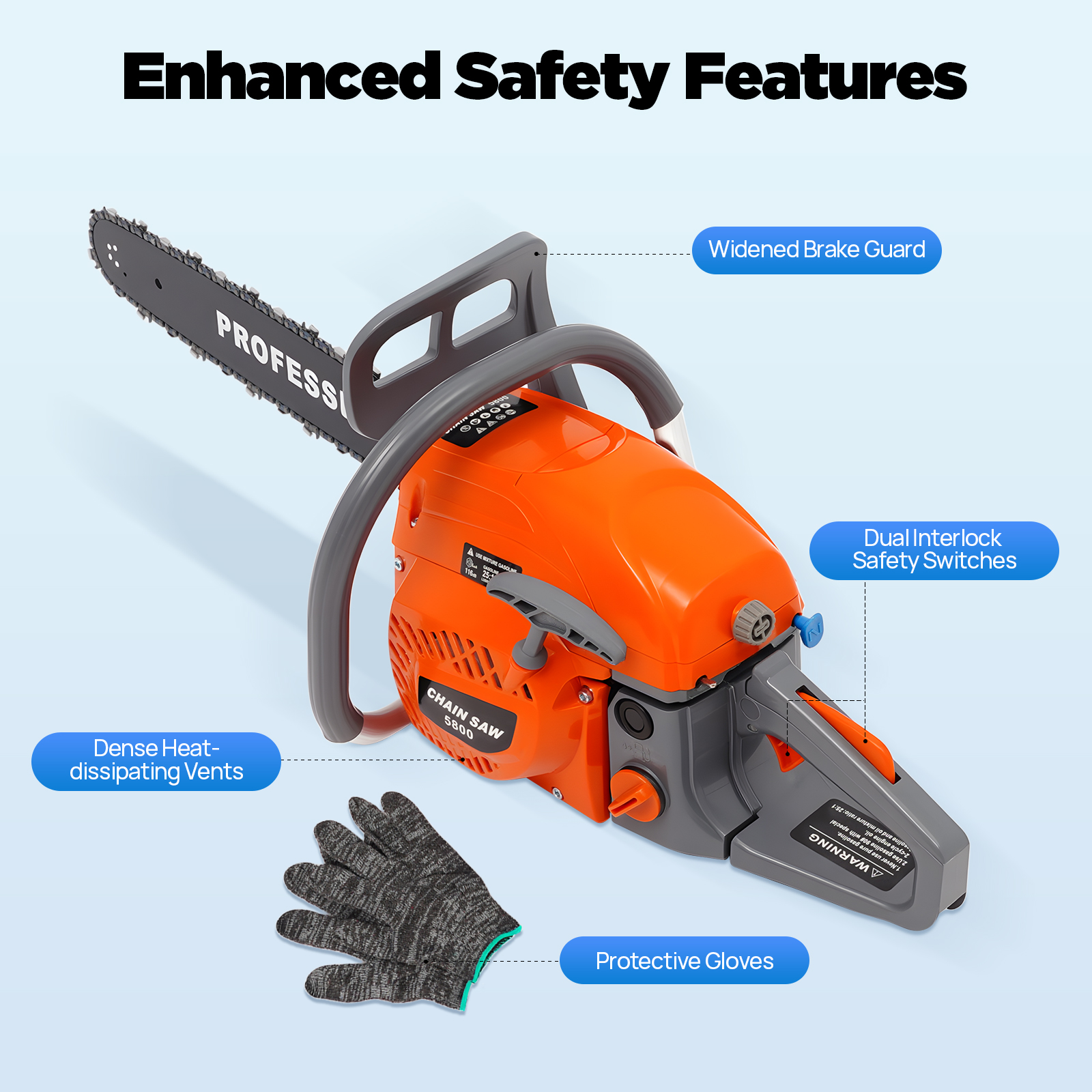 22 Inch Gas Powered Chain Saw, 2.4KW 52CC Gasoline Chainsaws with Bar Cover, 2-Cycle Power Chain Saw for Wood Cutting and Tree Pruning