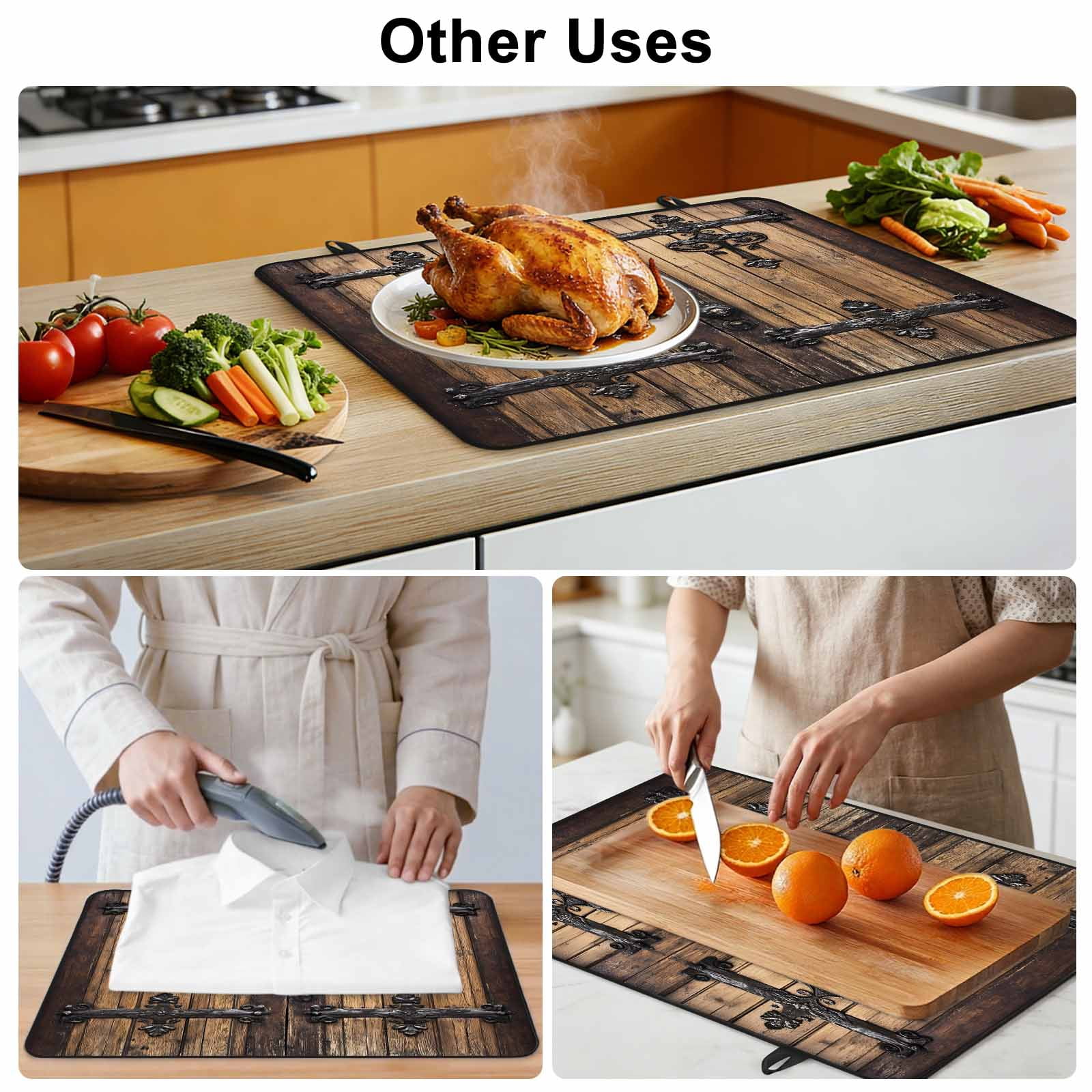 Rustic Wooden Door Stove Top Cover for Electric Stove, Heat-proof & Non Slip Glass Top Stove Cover Protector, Brown Black Farmhouse Country Vintage Kitchen Flat Cooktop Rubber Mat 24x21 Inches