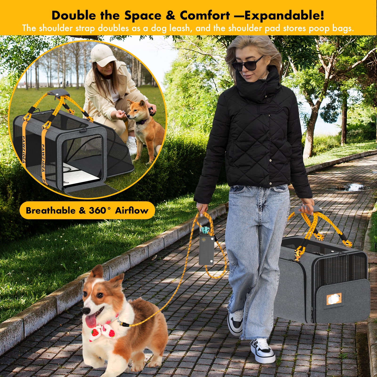 PAWZIDEA Expandable Large Pet Carrier with Wheels, 24x16x16 in Rolling Cat Carrier for 2–4 Cats up 55lb, Soft-Sided Collapsible Small Medium Dog Crate for Car Travel, Telescopic Handle