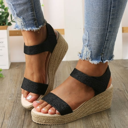 

MIASHUI shoes for women Sandals For Women Ladies Summer Wedge Sandals Open Toe Linen Sole Wedge Sandals Rome Shoes