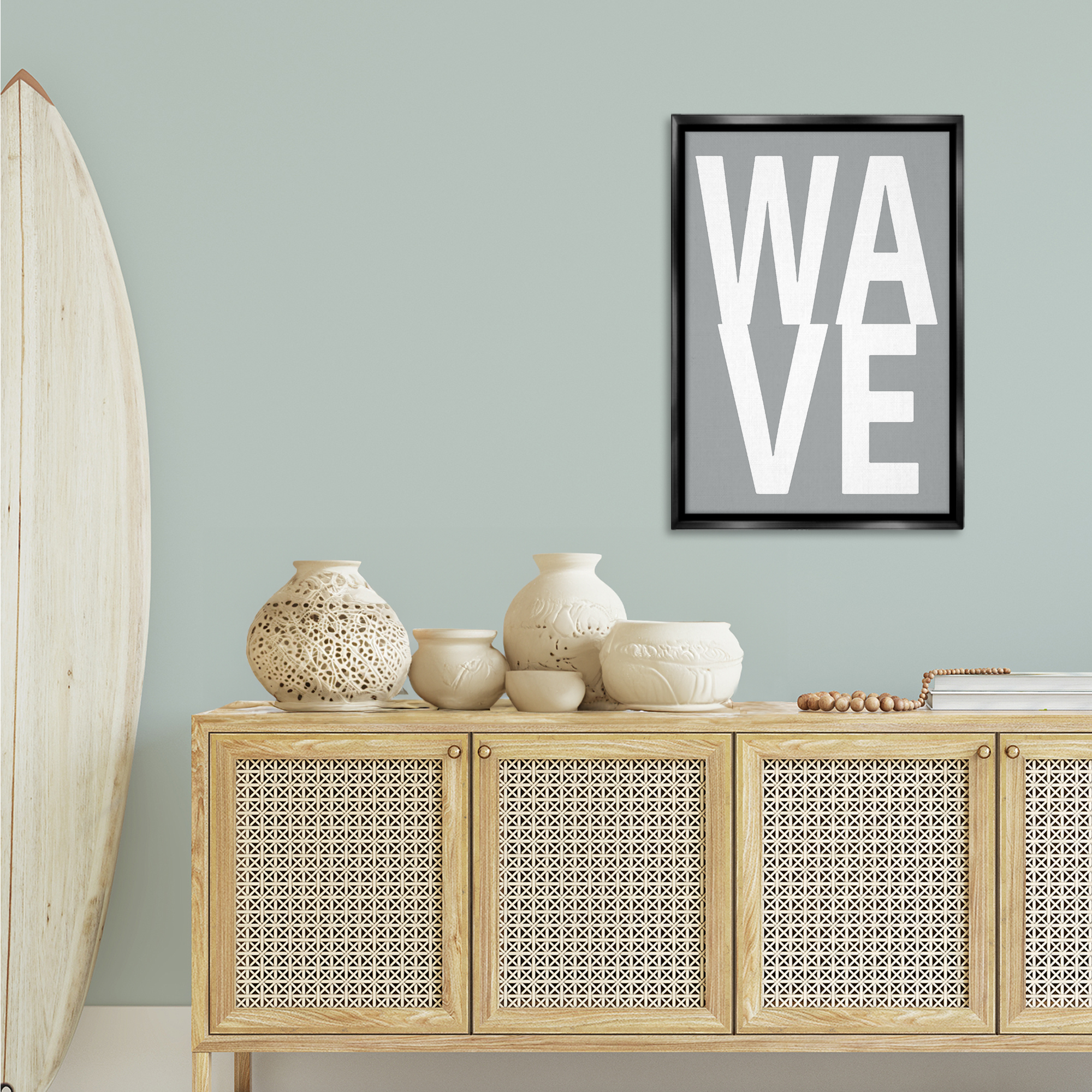 Stupell Industries Wave Word on Grey Typography Painting Black Floater Framed Art Print Wall Art, 21 x 31