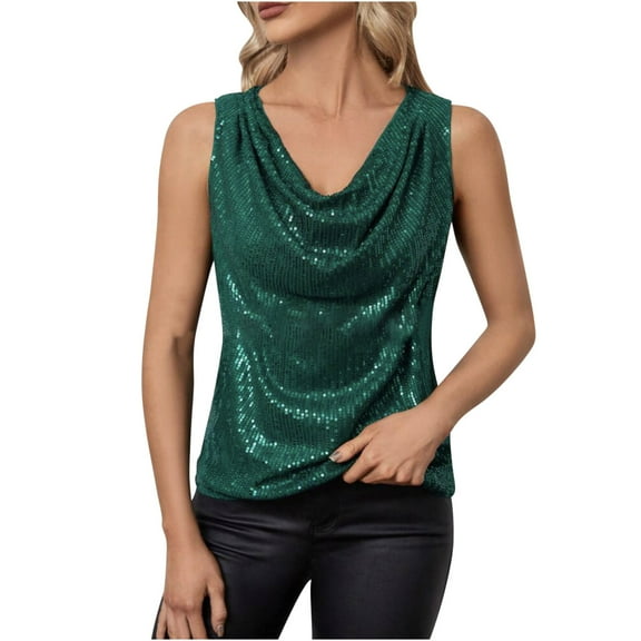 BLVB Women's Sequins Tank Tops Cowl Neck Sleeveless Sparkly Glitter Party Club Night out Shirts