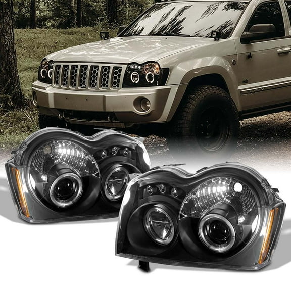 AKKON - For Jeep Grand Cherokee Black Bezel Dual Halo Ring Projector LED Replacement Headlights LH/RH Head Lamps