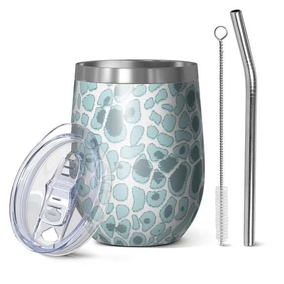 12oz Stemless Wine Tumblers White and Blue Of Animal Print Vacuum Insulated Stainless Steel Travel Tumbler Cups Mug with Lid and Straw for Champaign,Cocktail,Beer with Cleaning Brush