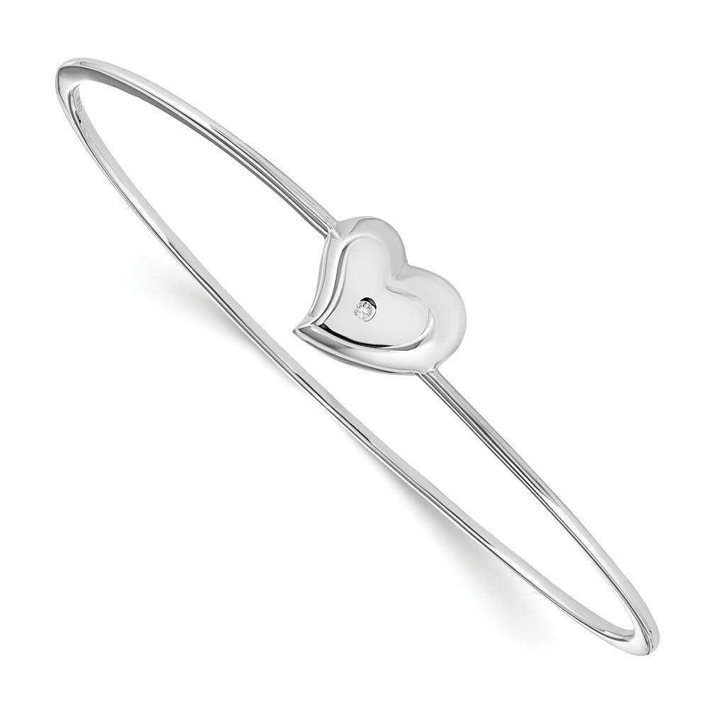 Solid 925 Sterling Silver Diamond Heart Bangle Cuff Bracelet (.01 cttw ...