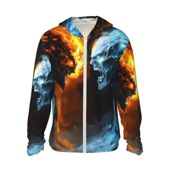 Vsdgher Sweat à Capuche Imprimé Crâne de Feu Rouge et Bleu pour Hommes et Femmes, Manches Longues Protection Solaire Pêche Course Natation-3TG