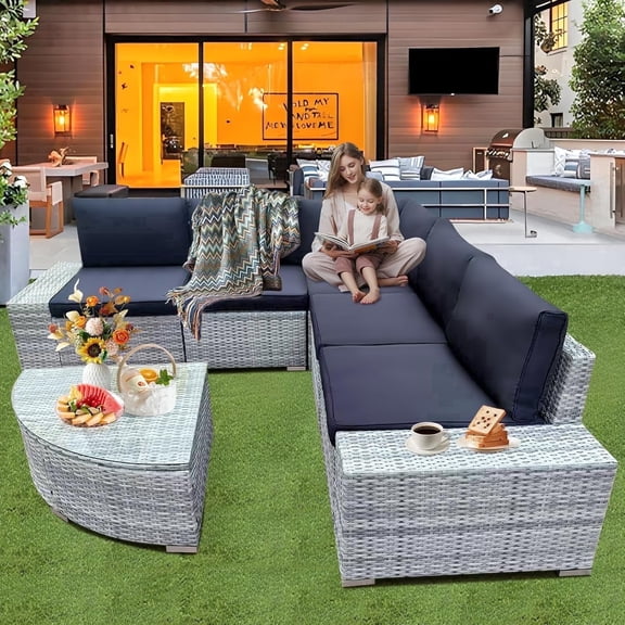 6-Piece Gray Rattan Patio Furniture Set with Wedge Coffee Table & Removable Black Cushions, Outdoor for Backyard, Poolside, Garden