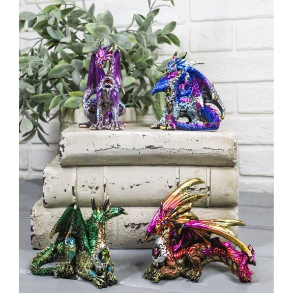 Set of 4 Colorful Metallic Elemental Dragons in Multiple Poses Mini Figurines