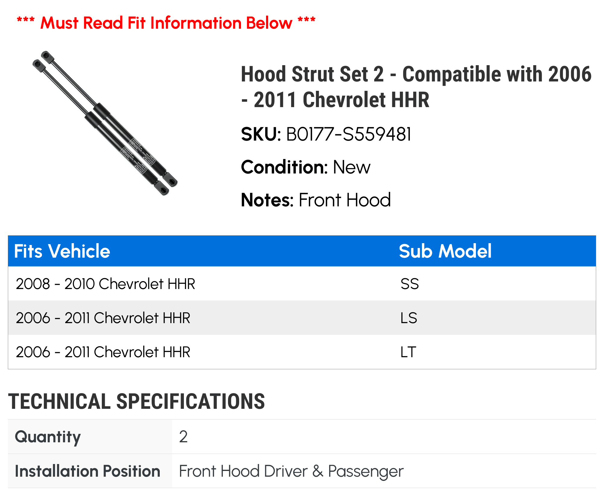 Hood Strut Set 2 - Compatible with 2006 - 2011 Chevrolet HHR - Autopart Premium