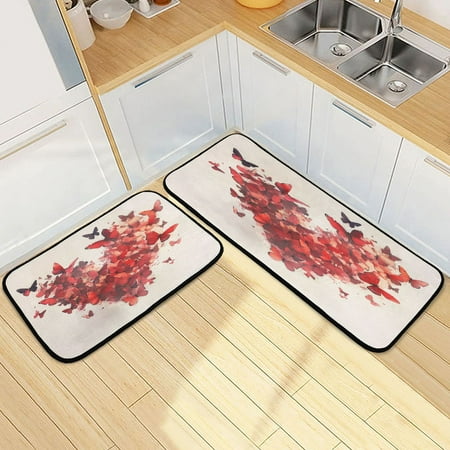

Kitchen Rugs and Mats【2 PCS】Non Skid Red Butterfly Heart Creative Kitchen Mat