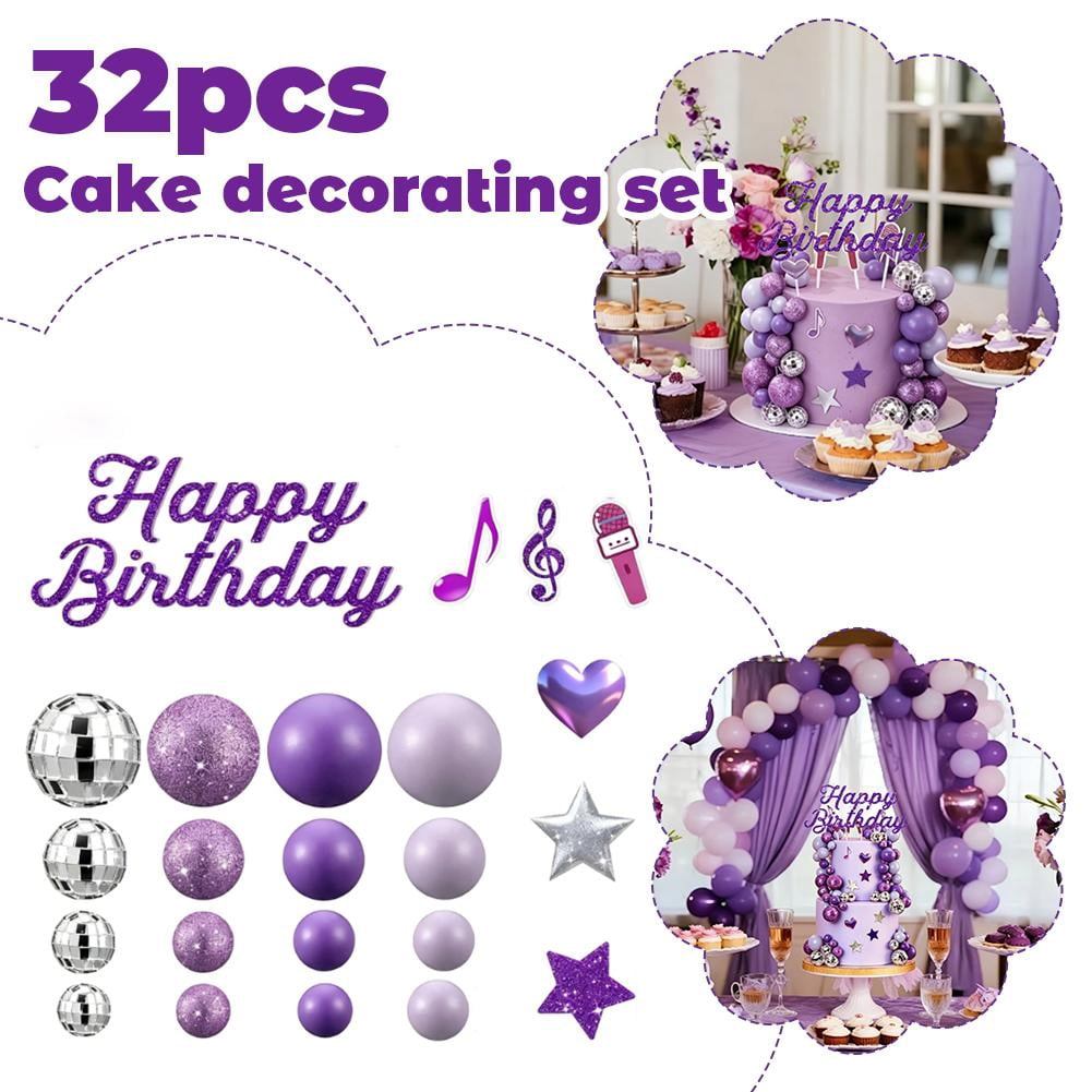 32 Pcs Cake Decorations With Mini Disco Ball, Singer Stars, Heart, Cake Toppers, Romantic Theme Birthday Party Cakes Decorating Celebrations Supplies