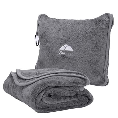 Manta Viaje Larga Suave BlueHills + Almohada, Estuche Cómodo. Equipaje, Mochila. Tamaño Grande, Gris T052
