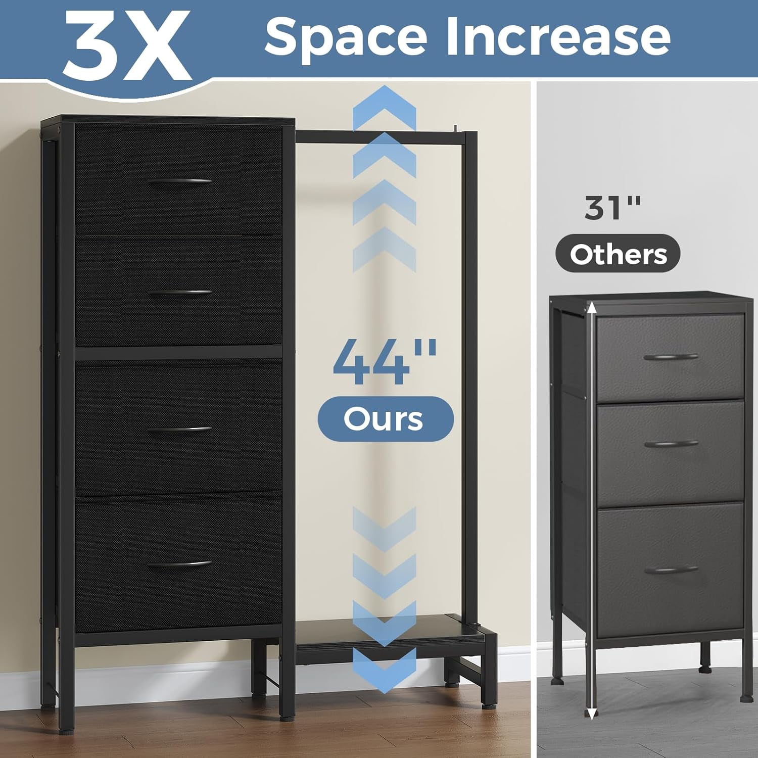 JIOABL 4 Drawer Dresser with Hanging Rack, Steel Frame, Fabric Drawers, Tall Storage Organizer for Bedroom, Black