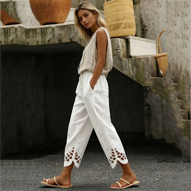 Levmjia Women's Casual Solid Color Capri Pants Elastic Waist