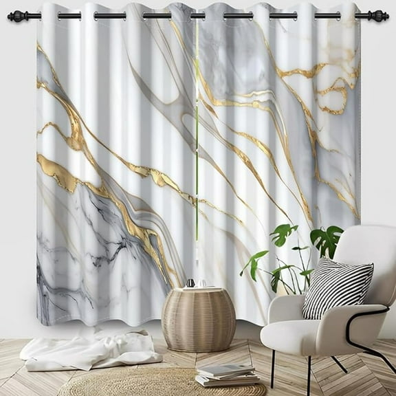 Grey And White Blackout Curtains, Abstract Grey And Gold Window Curtain For Living Room Modern Marble Room Darkening Drapes With Grommets 26"W x 54"L (Pack of 2)