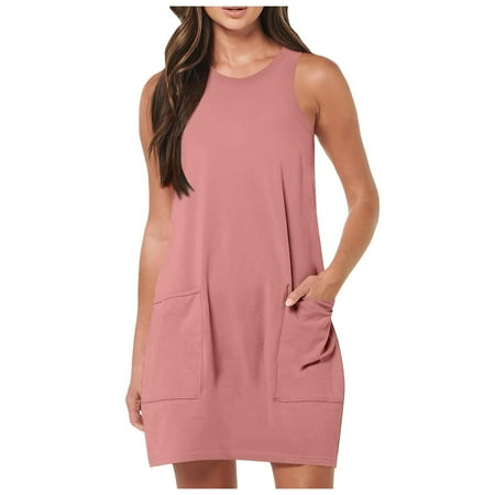 QYZEU Womens Summer Dress Woman s Dresses Womens Round Neck Sleeveless Mini Tank Dress Workout Sport Tennis Athletic with 2 Pockets Dress Loose Dress Pink S