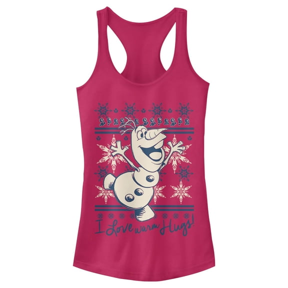 Junior's Frozen Christmas Warm Hugs Racerback Tank Top Dark Pink Large