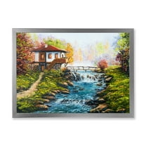 Designart 'Traditional Bulgarian River and House' Lake House Framed Art Print