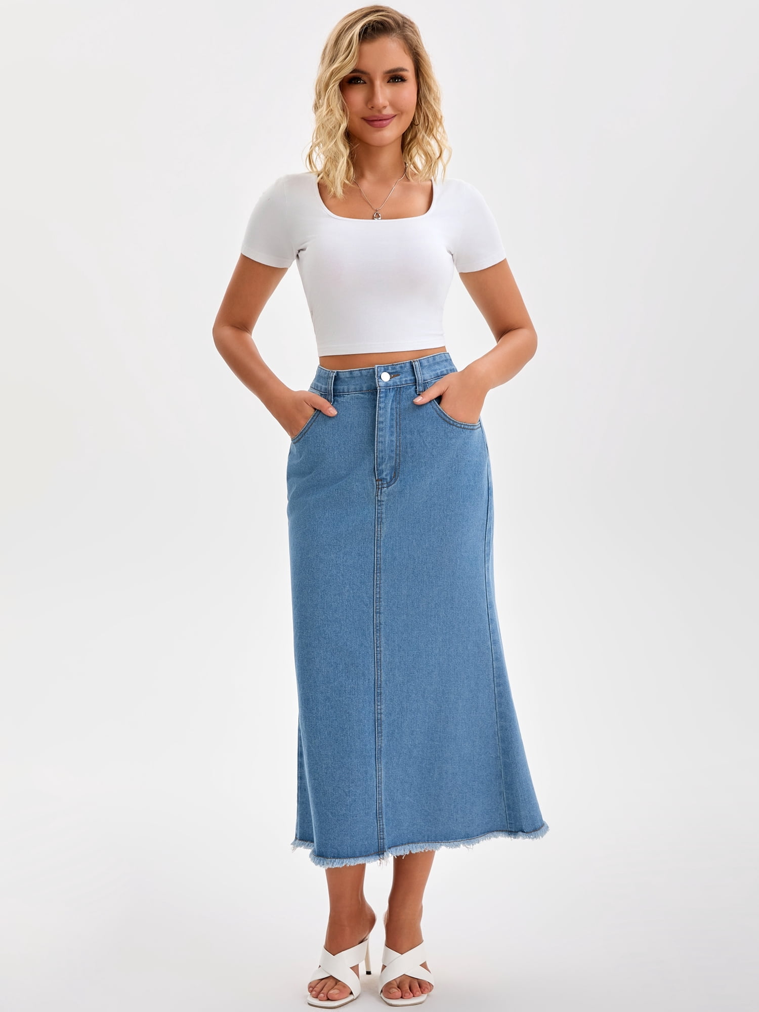 DARING DIVA Women's Denim Maxi A Line Raw Hem Jean Skirt X-Large Sky Blue
