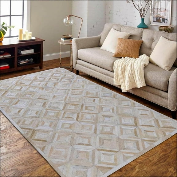 Handmade Patchwork Cowhide Modern Leather Area Rug Diamond Design (3 feet x 5 feet)