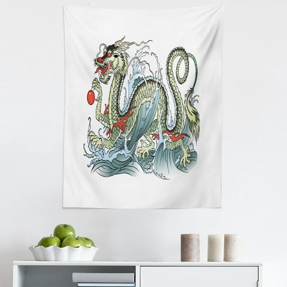 Dragon Tapestry, Far Eastern Water Dragon Splashing Waves Creature, Fabric Wall Hanging Decor for Bedroom Living Room Dorm, 5 Sizes, Pale Green Vermilion, by Ambesonne