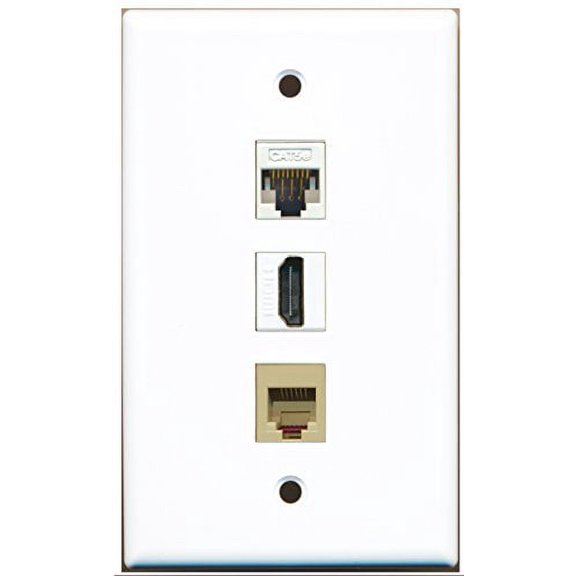 RiteAV - 1 Port HDMI and 1 Port Phone RJ11 RJ12 Beige and 1 Port Cat5e Ethernet White Wall Plate