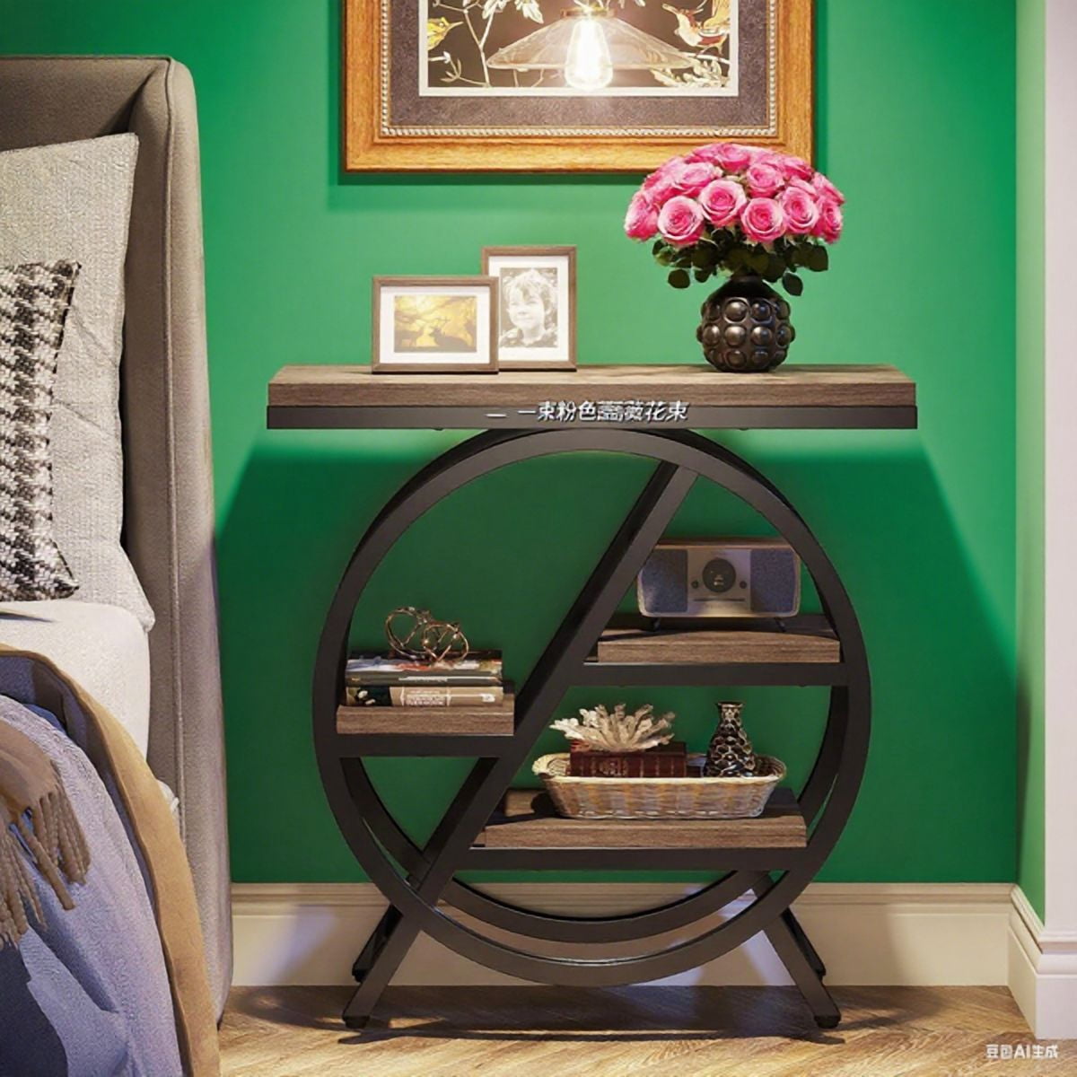 3-Tier Industrial End Table, Slim Side Table with Open Storage Shelves, Wood & Metal Frame for Living Room/Bedroom/Office