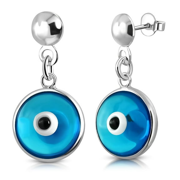 Sterling Silver Blue Evil Eye Protection Dangle Drop Earrings, 0.75"