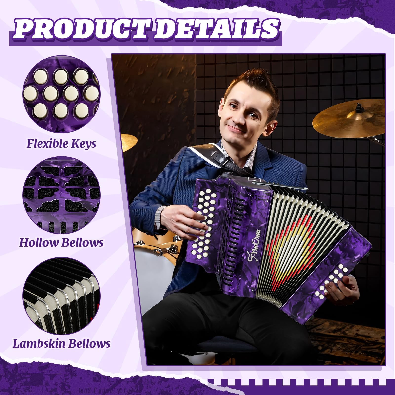 YueChun Accordion, 31 Keys 12 Bass G/C/F Diatonic Button Accordion , Portable Professional Button Accordion with Case (Purple)