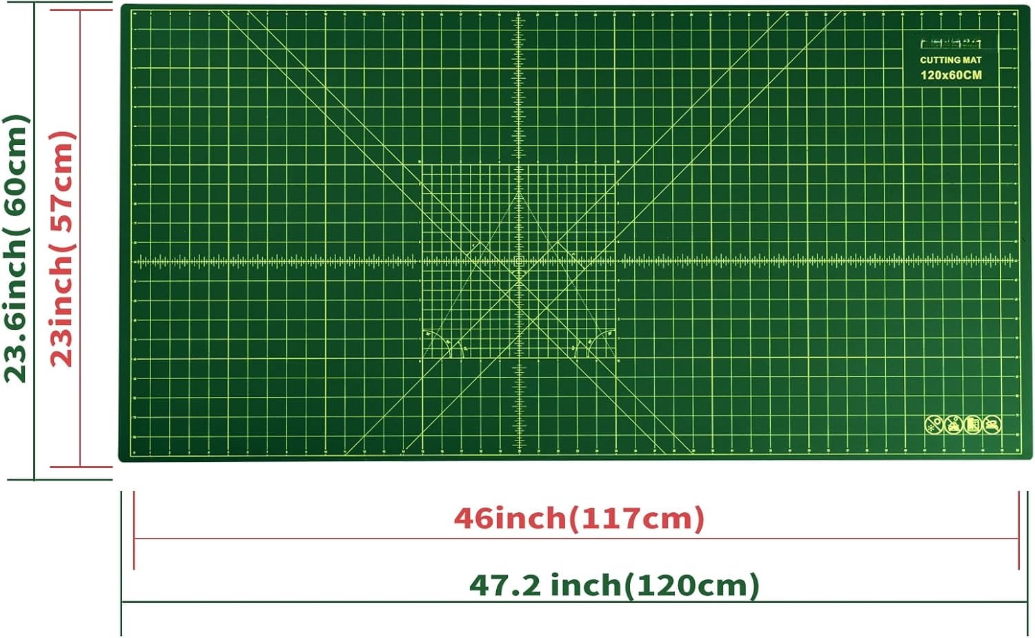 Large 23" x 47" Self Healing Sewing Mat, Rotary Cutting Board, Double Sided 5-Ply 23x47 Inch Mat for Quilting, Sewing, Fabric, & Crafts, Designed for Use with Rotary Cutters (Green & Black)