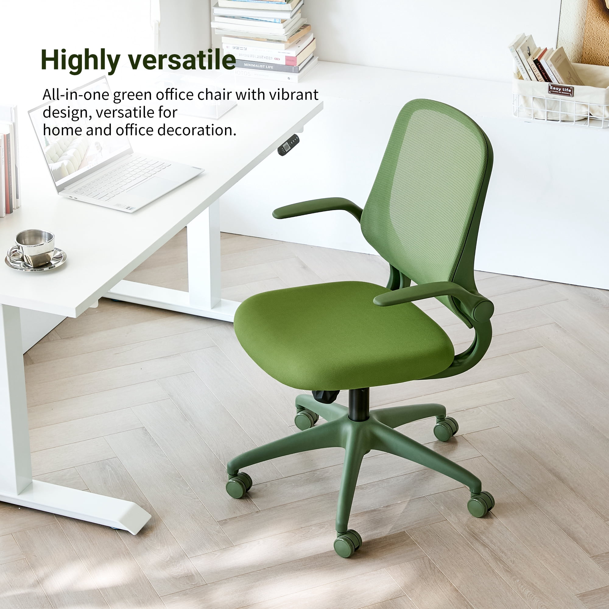 HOQBN Ergonomic Office Chair with Flip-Up Armrests, Breathable Mesh Back, Integrated Molded Foam Seat, 350lb Capacity,Green