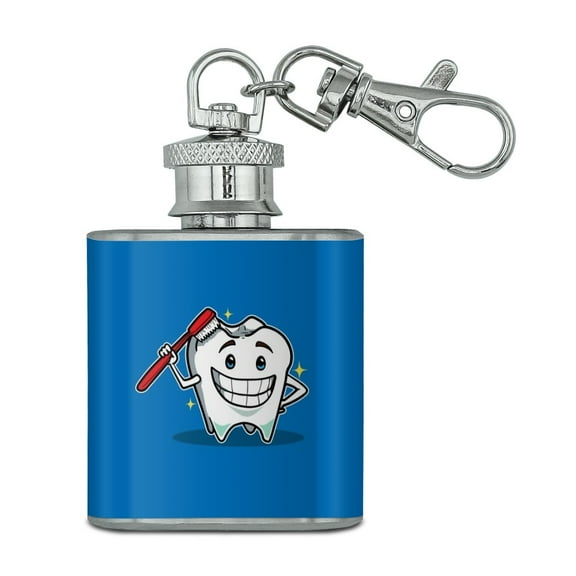 Happy Tooth Toothbrush Dentist Stainless Steel 1oz Mini Flask Key Chain