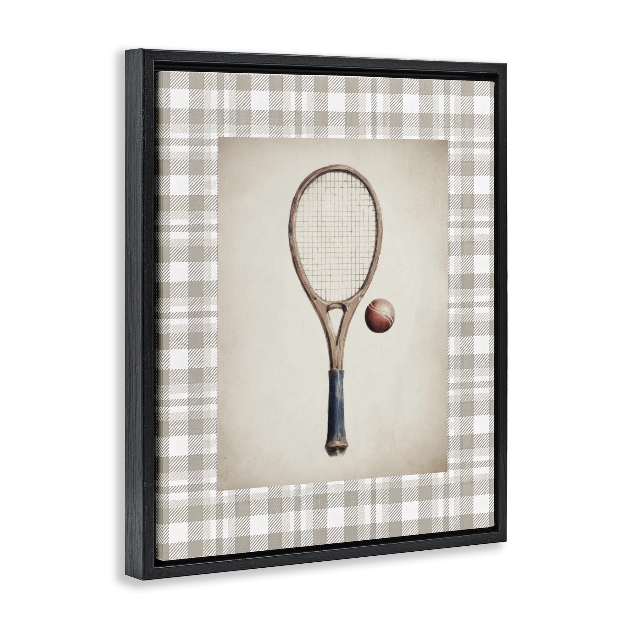 Stupell Industries Vintage Tennis Racket & Ball Black Framed Floater Canvas Wall Art, design by Sisi and Seb