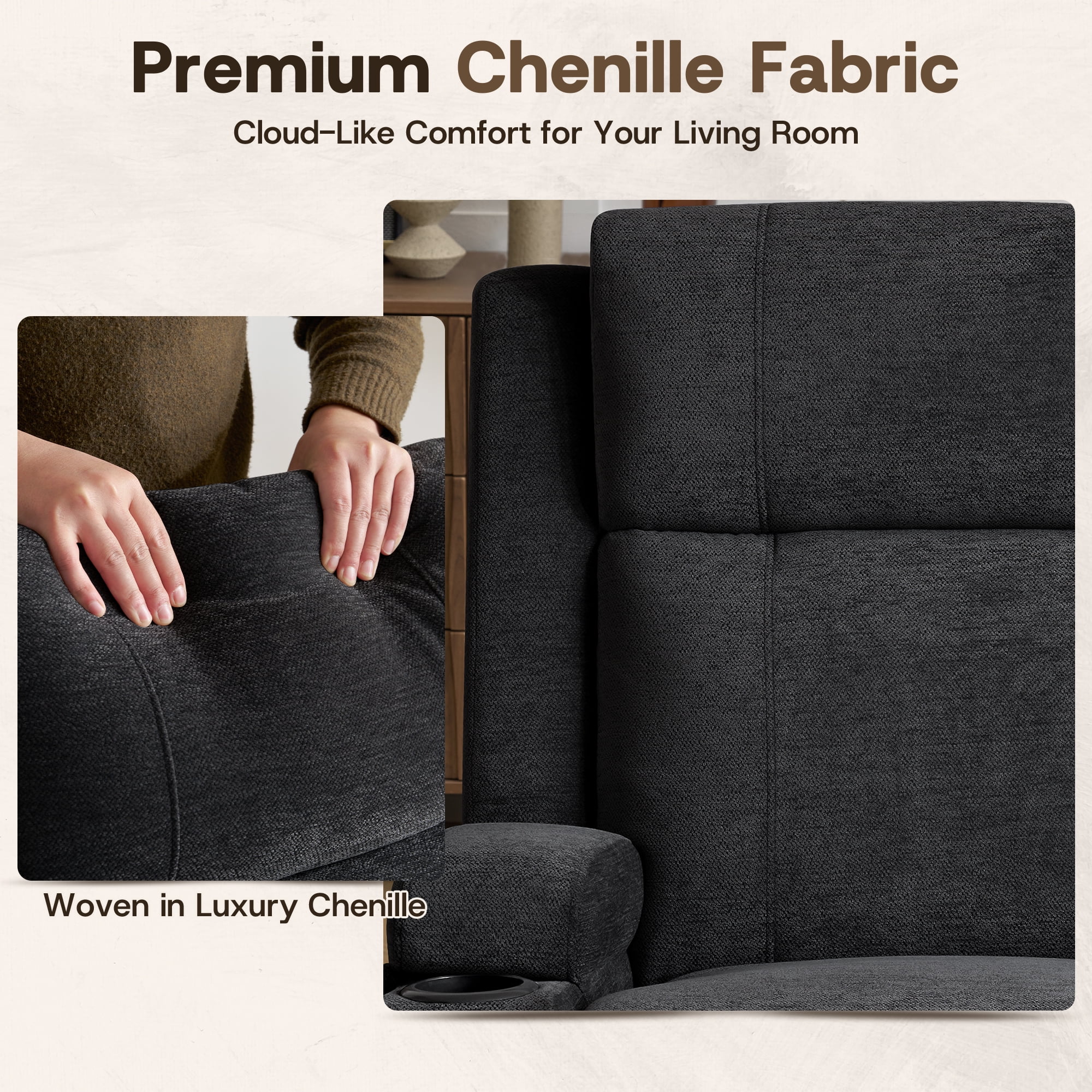 Chenille Reclining Couch, Manual Reclining Loveseat with Cup Holders, Wide Seat, Spill-Resistant Fabric, Easy Assembly, for Living Room/Apartment/RV Recliner Sofa
