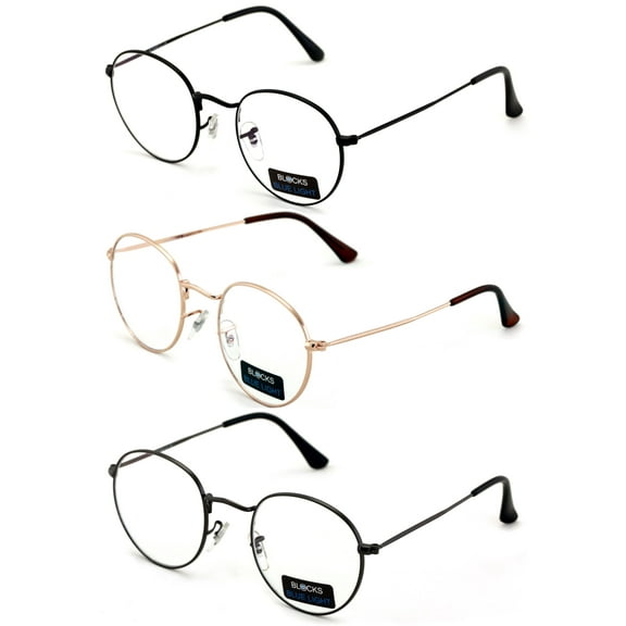 3 Pairs Women Round Metal Glasses Blue Light Blocking, Filter UV Ray/Glare Computer Potter
