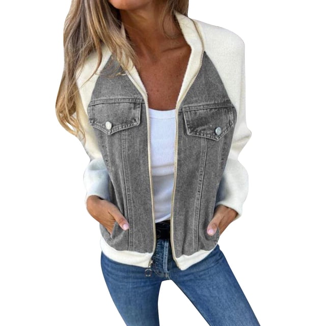 Liquidation de Chemises pour Femmes Chemise Mélangée pour Femmes Veste en Denim à Manches Longues pour Femmes Chemise en Denim Élégante et Décontractée à Fermeture Éclair Patchwork à Blocs de Couleur Haut
